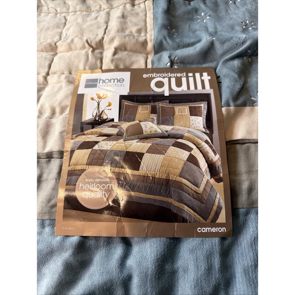 Home Collection Embroidered Quilt Only Patchwork Plaid Brown Tan Blue Full Queen